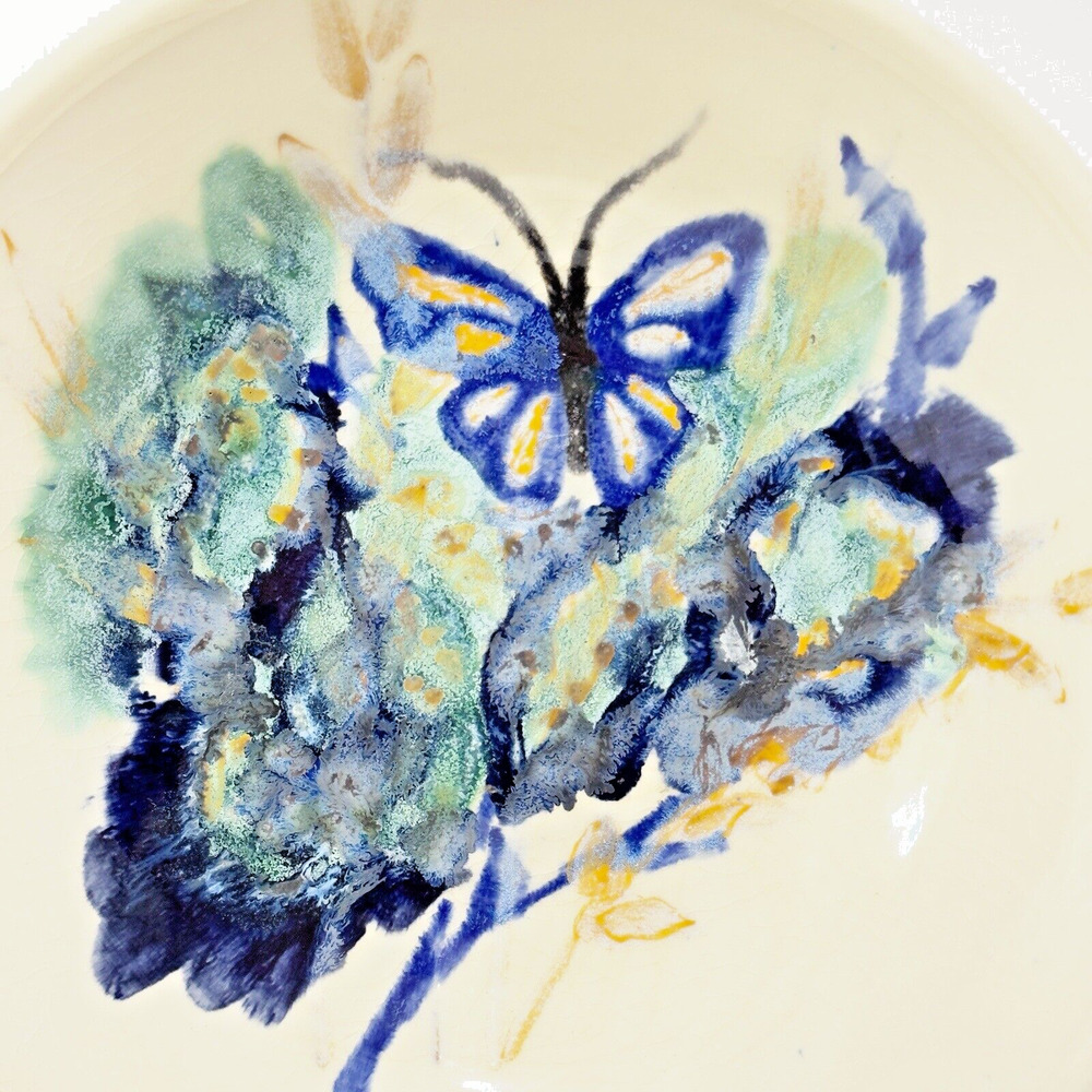 Hand Thrown Art Pottery Bowl Butterfly Iridescent Blue Green Artist Signed 10.5" - Picture 2 of 6